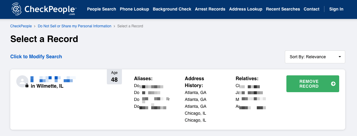 CheckPeople.com select a record to remove