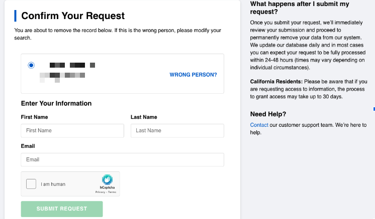 CheckPeople.com removal request confirmation form